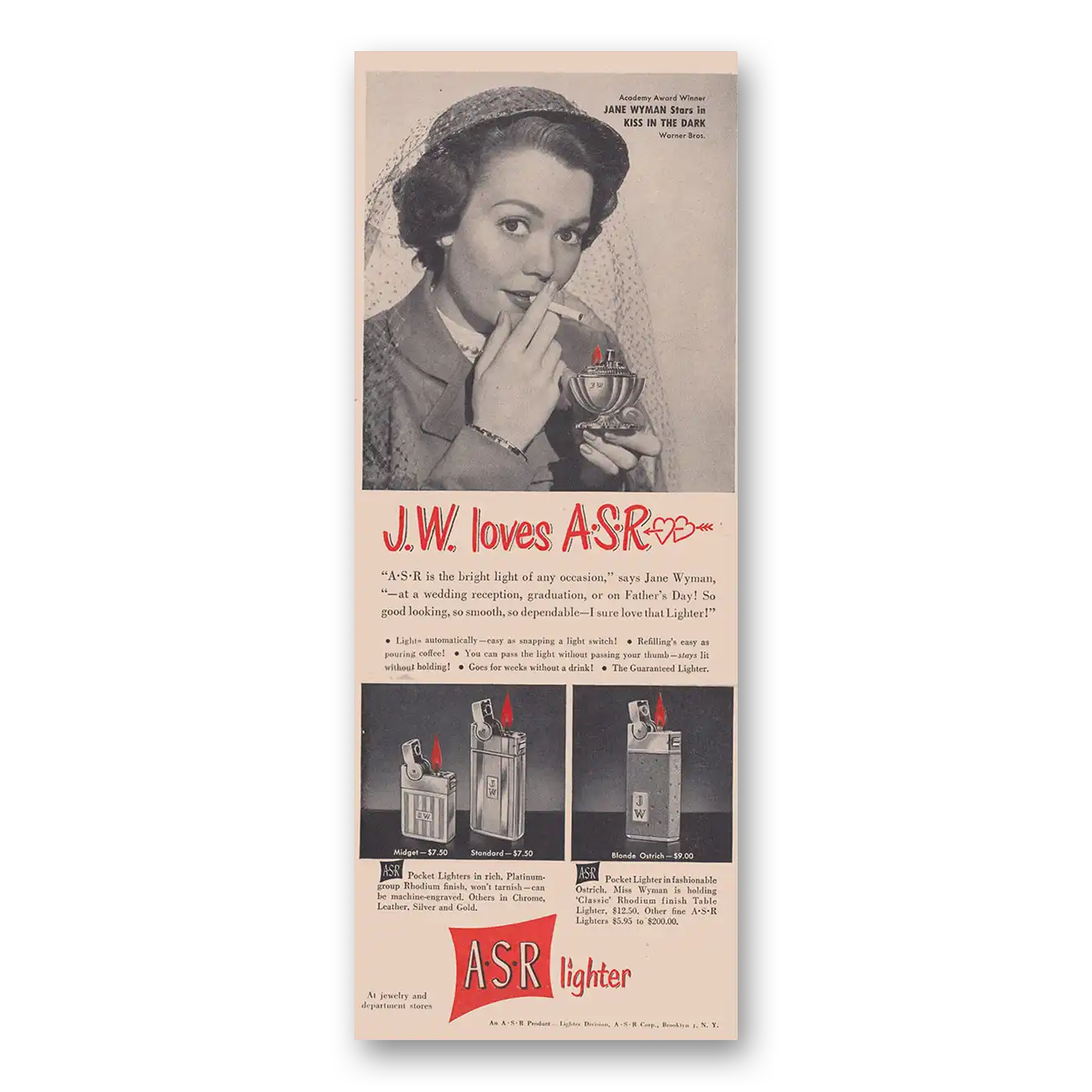 1949 ASR Lighters JW Loves ASR Jane Wyman Vintage Magazine Print Ad