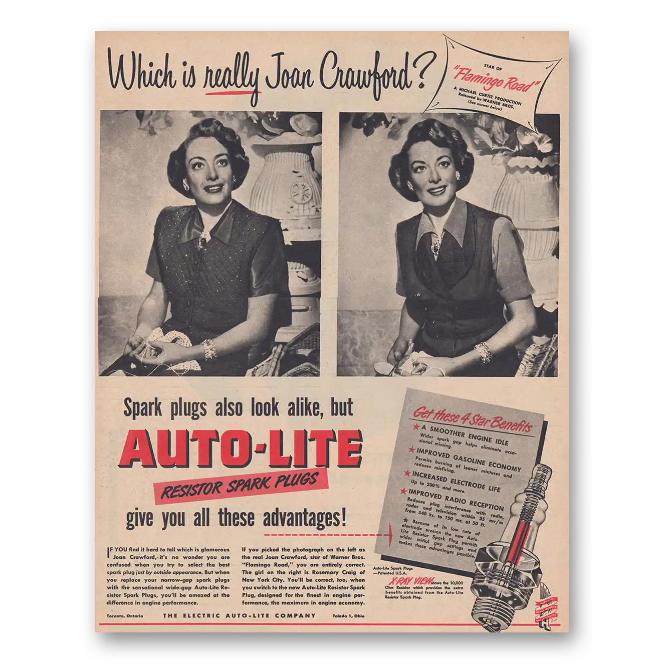 1949 Autolite Spark Plugs Which Is Really Joan Crawford Flamingo Road Vintage Magazine Print Ad