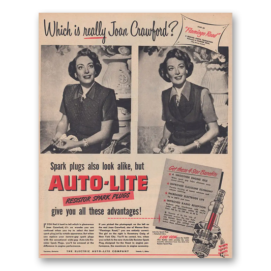 1949 Autolite Spark Plugs Which Is Really Joan Crawford Flamingo Road Vintage Magazine Print Ad