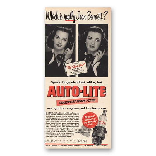 1949 Autolite Spark Plugs Joan Bennett Vintage Magazine Print Ad