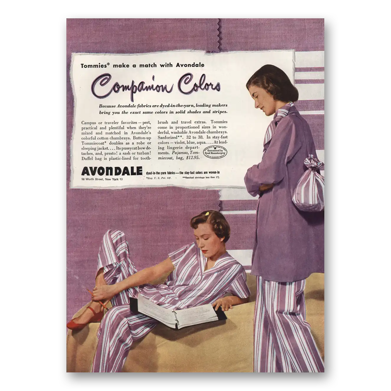 1949 Avondale Fabrics Companion Colors Pajamas Vintage Magazine Print Ad