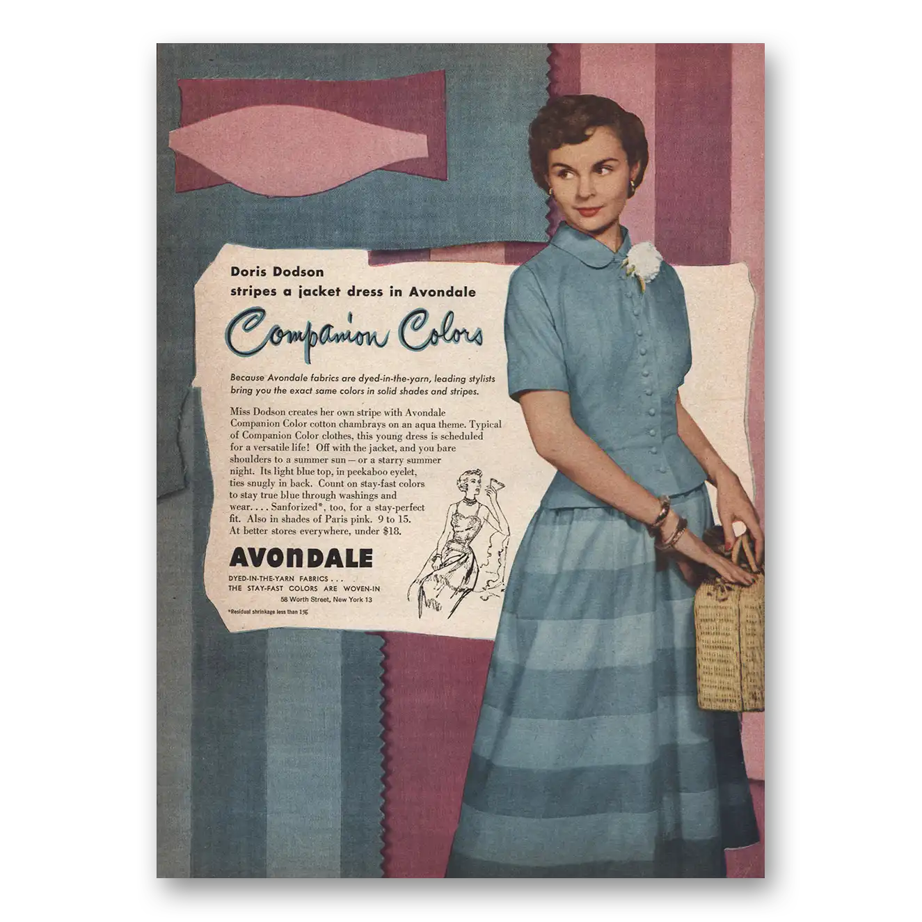 1949 Avondale Fabrics Doris Dodson Stripes Jacket Dress Vintage Magazine Print Ad