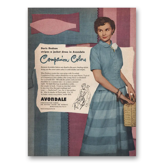 1949 Avondale Fabrics Doris Dodson Stripes Jacket Dress Vintage Magazine Print Ad