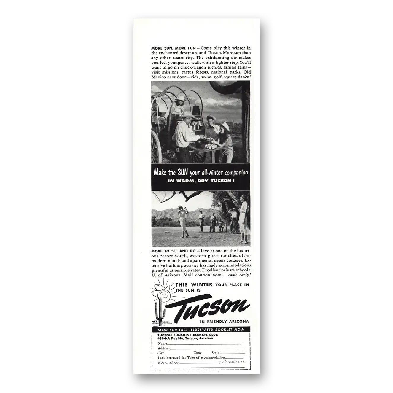 1949 Tucson Arizona More Sun More Fun Vintage Magazine Print Ad