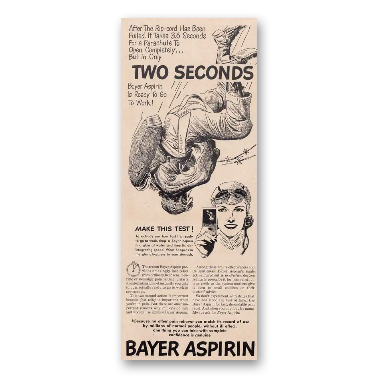 1949 Bayer Aspirin Two Seconds Parachute Vintage Magazine Print Ad