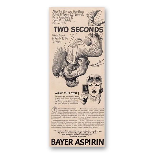 1949 Bayer Aspirin Two Seconds Parachute Vintage Magazine Print Ad