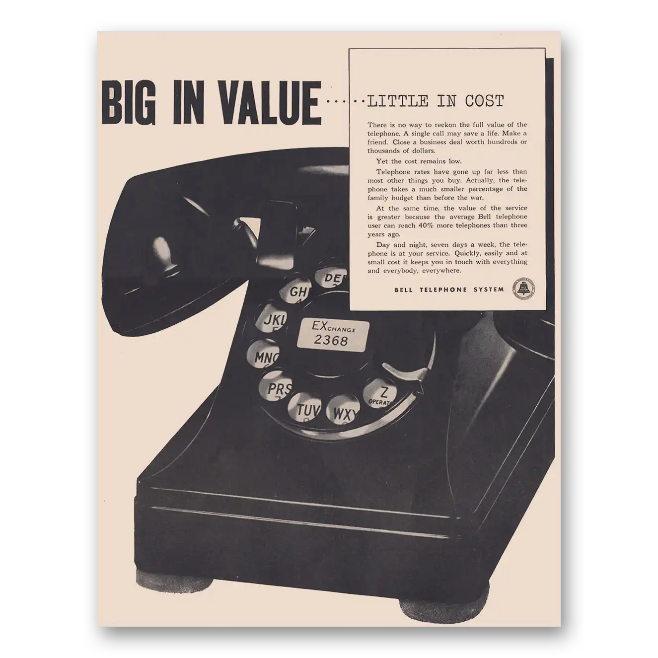 1949 Bell Telephone Big in Value Little in Cost Vintage Magazine Print Ad