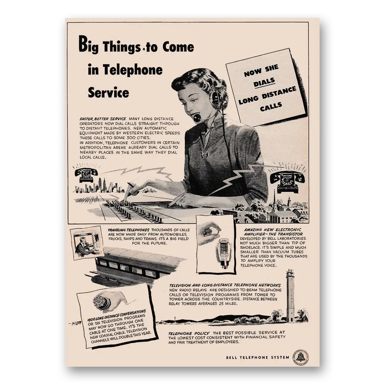 1949 Bell Telephone Now She Dials Long Distance Calls Vintage Magazine Print Ad