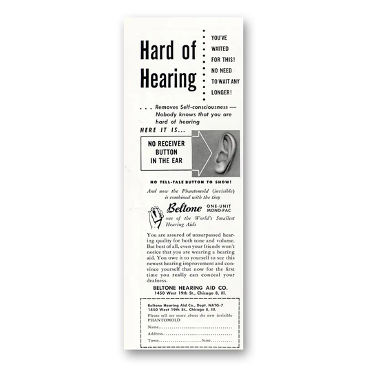 1949 Beltone Hearing Aid Hard of Hearing Vintage Magazine Print Ad