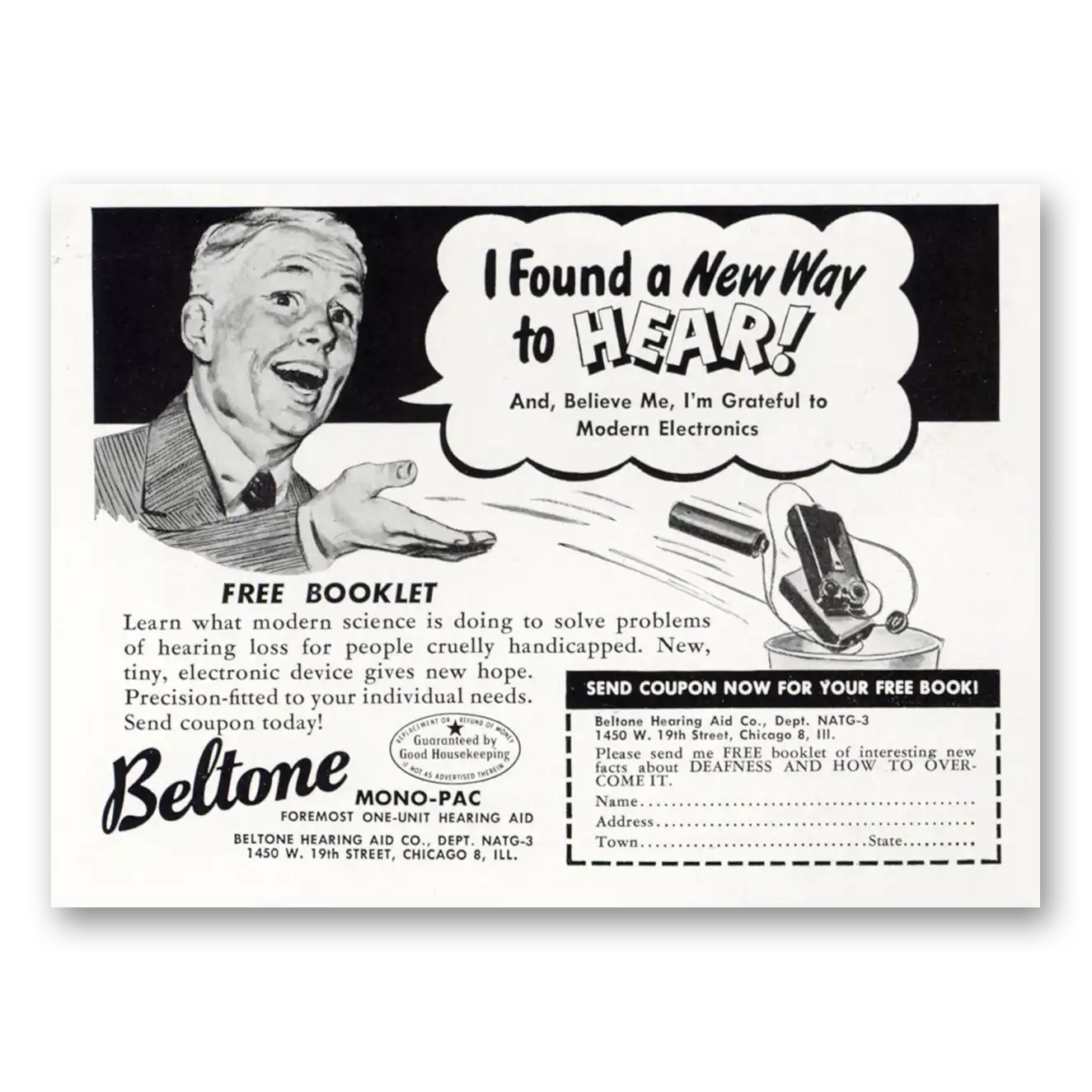 1949 Beltone Hearing Aid I Found a New Way to Hear Vintage Magazine Print Ad