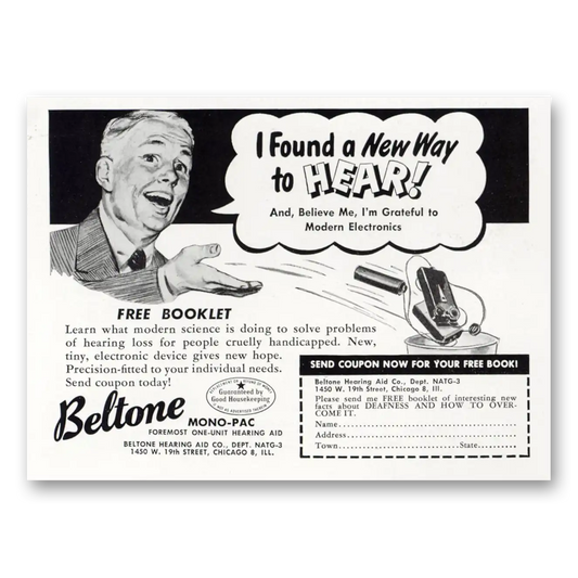 1949 Beltone Hearing Aid I Found a New Way to Hear Vintage Magazine Print Ad