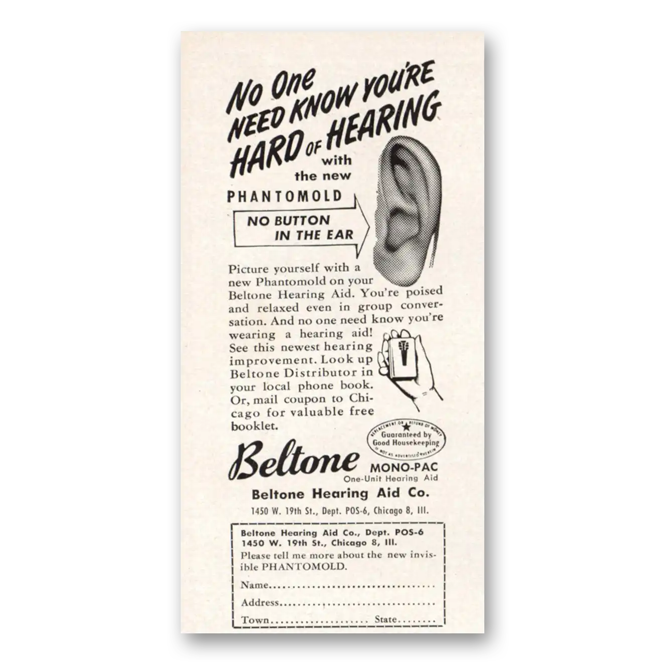 1949 Beltone Hearing Aid No One Need Know You're Hard of Hearing Vintage Magazine Print Ad