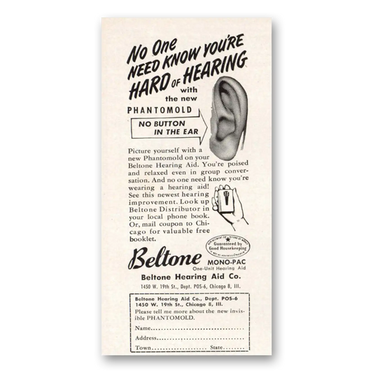 1949 Beltone Hearing Aid No One Need Know You're Hard of Hearing Vintage Magazine Print Ad