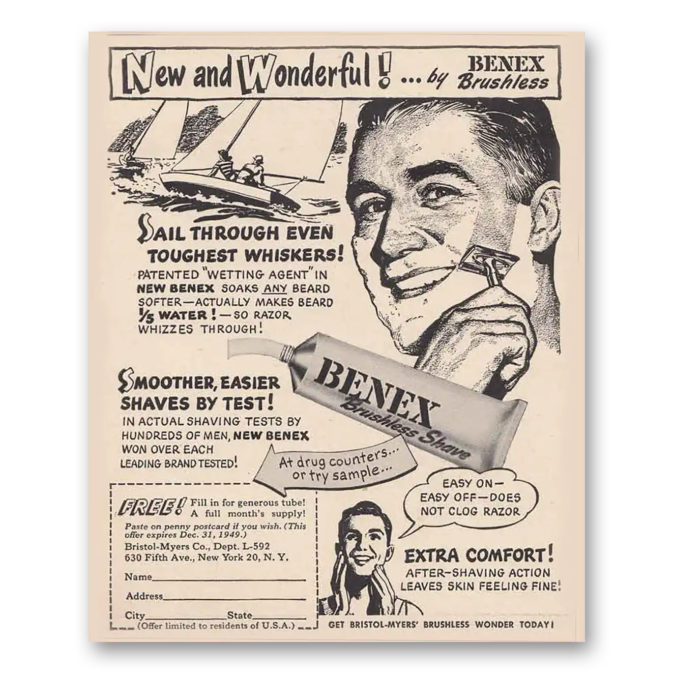 1949 Benex Brushless Shave Sail Through Vintage Magazine Print Ad