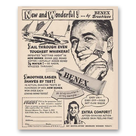 1949 Benex Brushless Shave Sail Through Vintage Magazine Print Ad