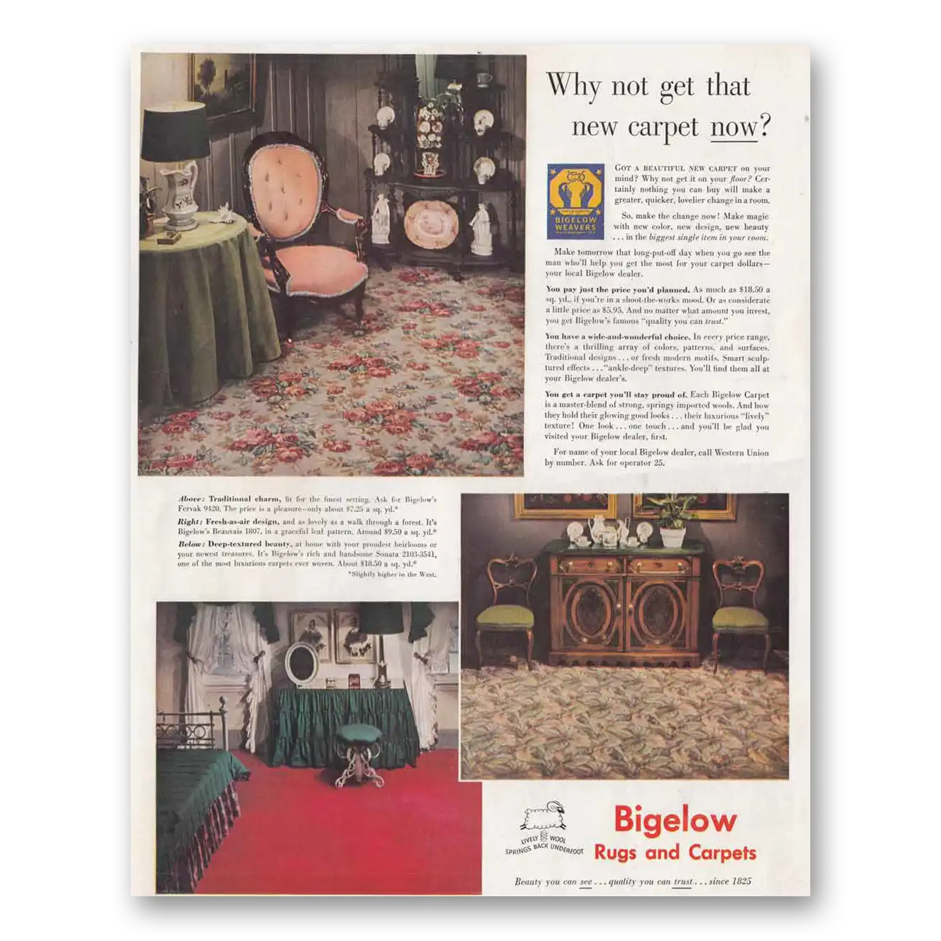 1949 Bigelow Carpet Why Not Get That New Carpet Now Vintage Magazine Print Ad