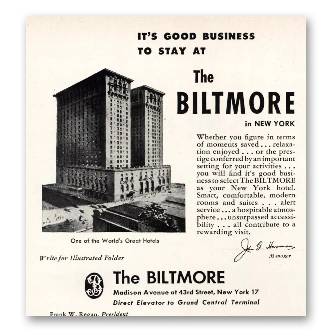 1949 Biltmore Hotel Good Business To Stay Vintage Magazine Print Ad