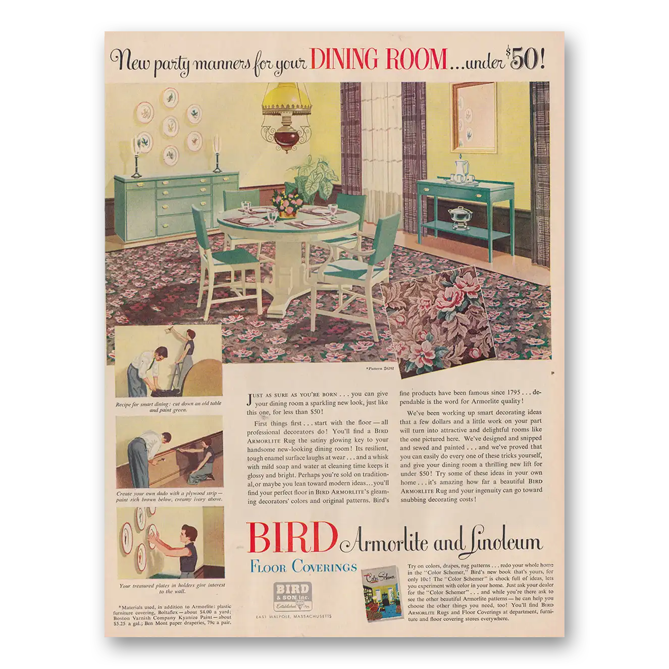 1949 Bird and Son Armorlite and Linoleum New Party Manners for Your Dining Room Vintage Magazine Print Ad