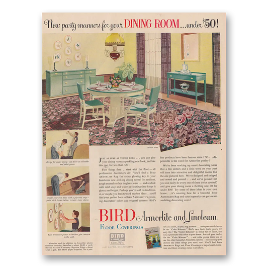 1949 Bird and Son Armorlite and Linoleum New Party Manners for Your Dining Room Vintage Magazine Print Ad