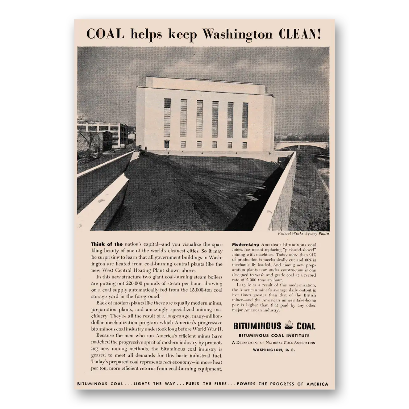 1949 Bituminous Coal Goals Help Keep Washington Clean Vintage Magazine Print Ad