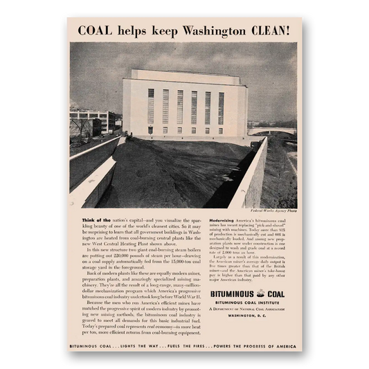 1949 Bituminous Coal Goals Help Keep Washington Clean Vintage Magazine Print Ad