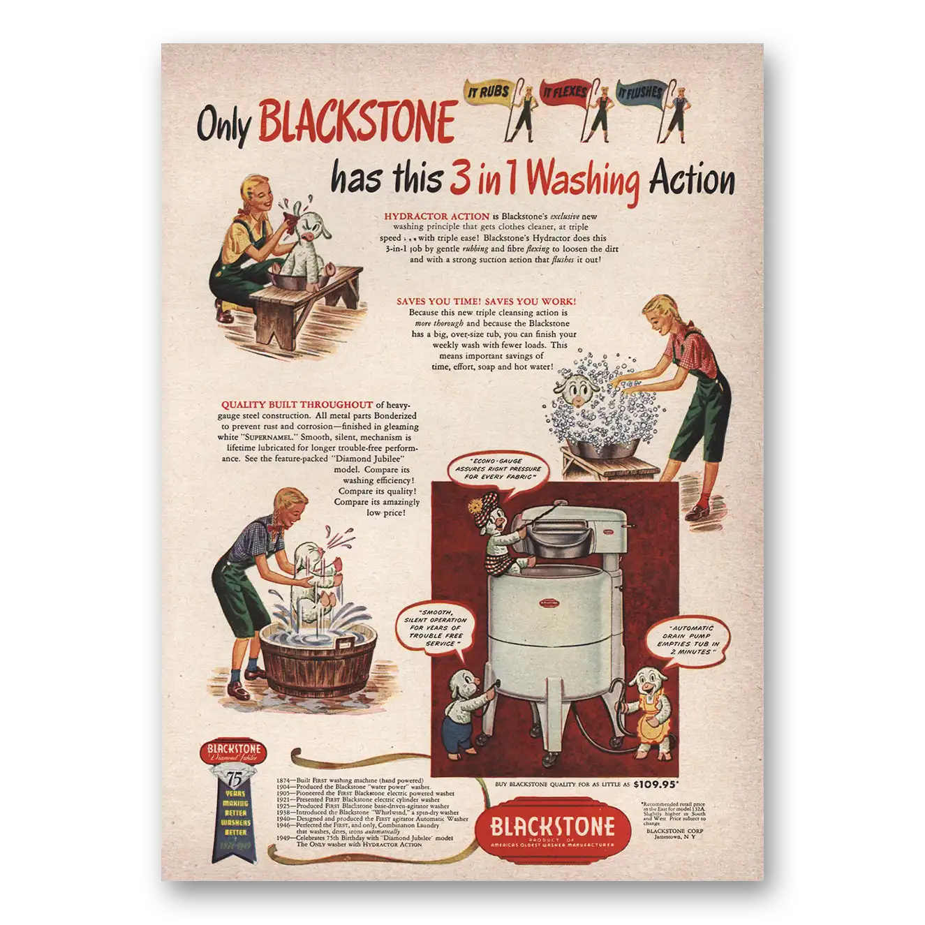 1949 Blackstone Washer Rubs Flexes Flushes Vintage Magazine Print Ad