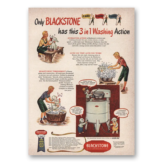 1949 Blackstone Washer Rubs Flexes Flushes Vintage Magazine Print Ad