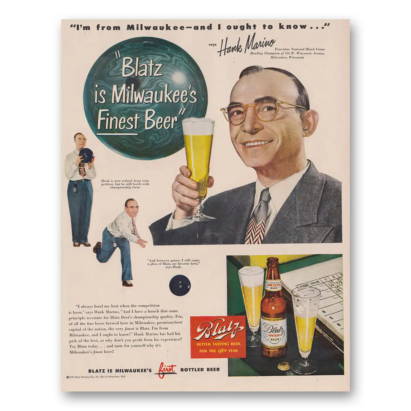 1949 Blatz Beer Milwaukees Finest Beer Hank Marino Vintage Magazine Print Ad