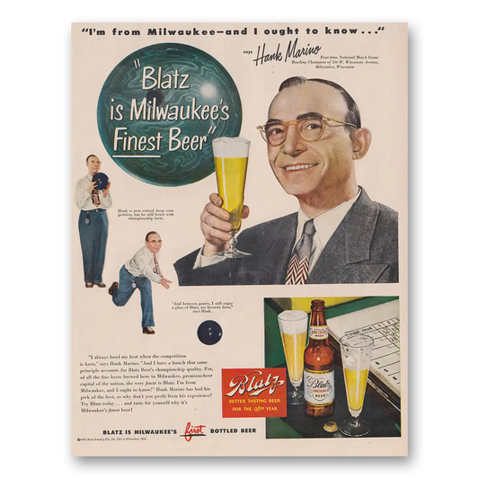 1949 Blatz Beer Milwaukees Finest Beer Hank Marino Vintage Magazine Print Ad