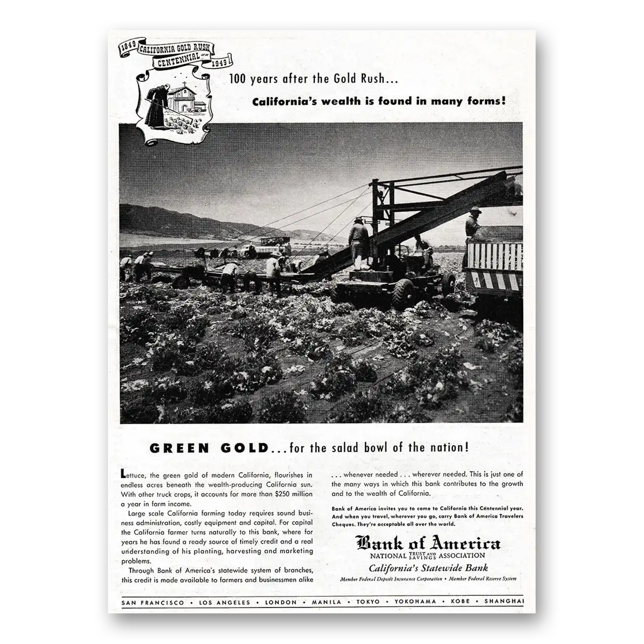 1949 Bank of America Green Gold for the Salad Bowl Vintage Magazine Print Ad