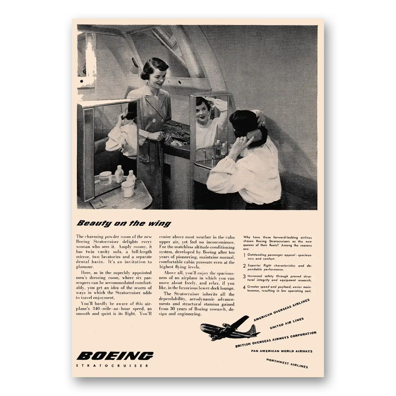 1949 Boeing Stratocruiser Beauty On the Wing Vintage Magazine Print Ad