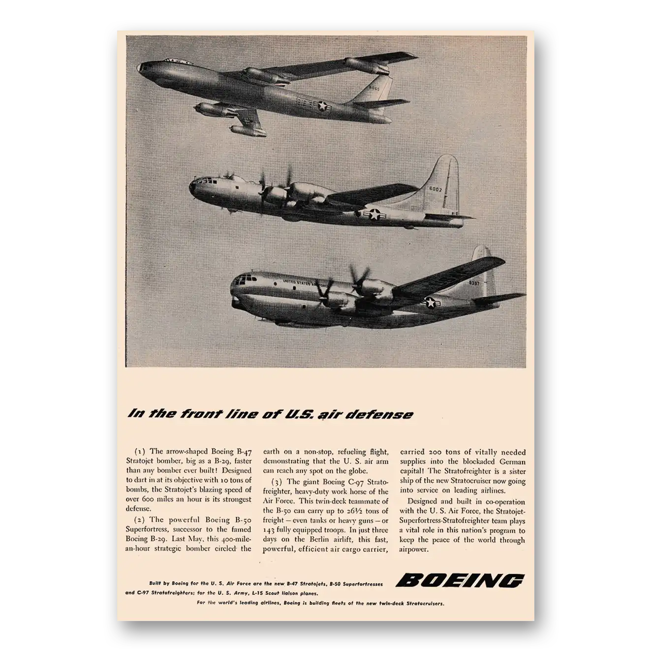 1949 Boeing Stratojet Front Line of US Air Defense Vintage Magazine Print Ad