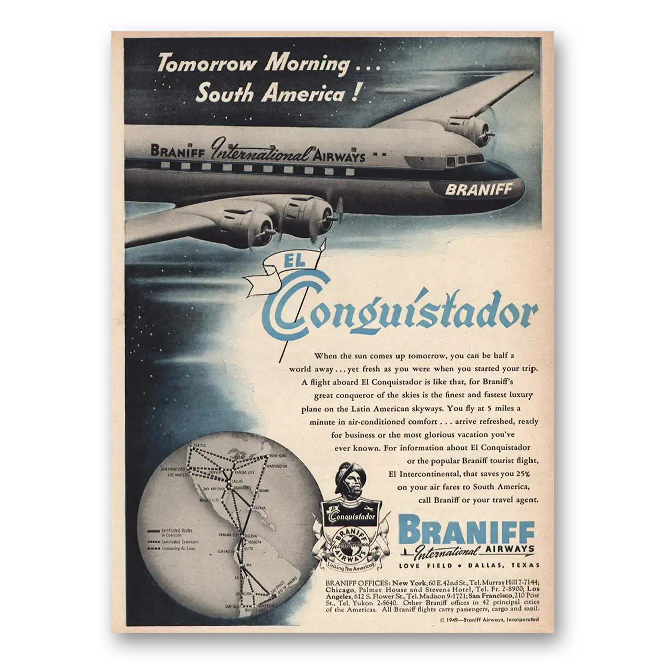 1949 Braniff International Airways Conquistador Vintage Magazine Print Ad