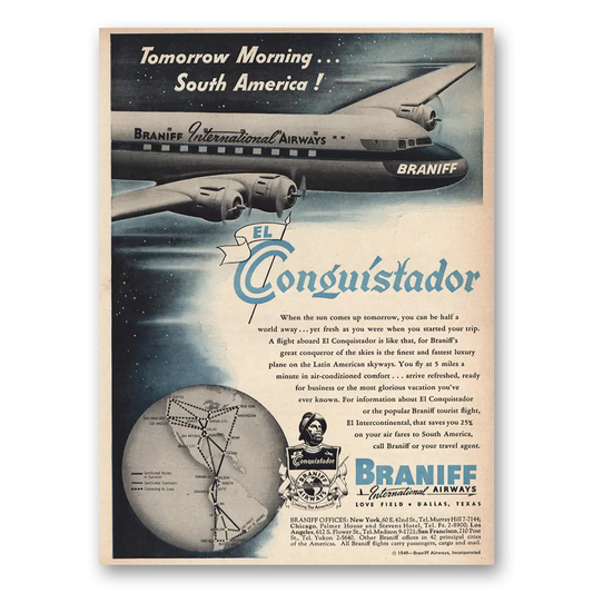 1949 Braniff International Airways Conquistador Vintage Magazine Print Ad