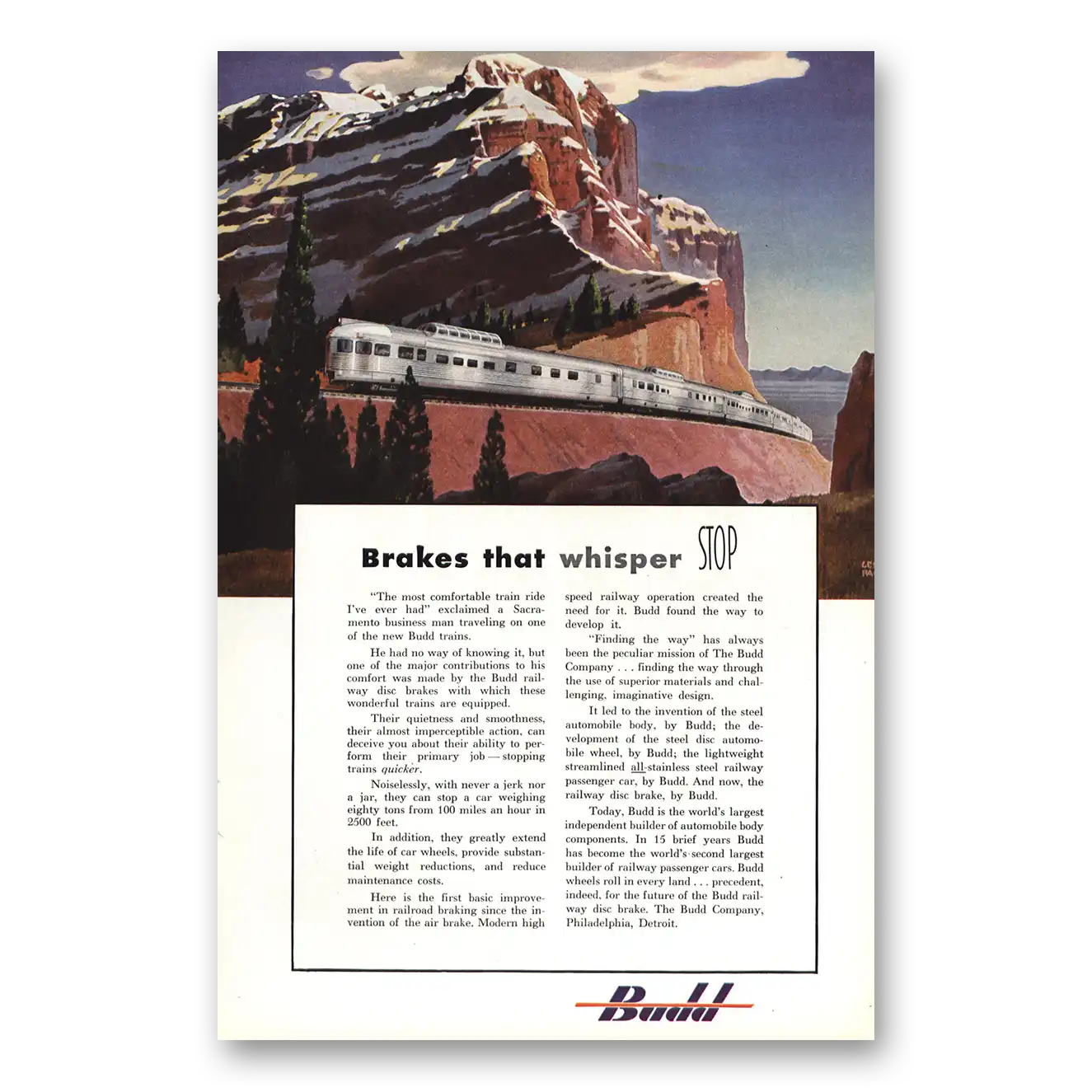 1949 Budd Brakes That Whisper Stop Vintage Magazine Print Ad