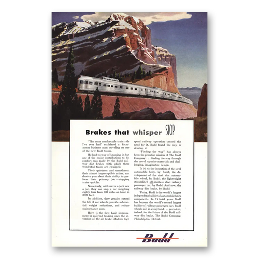 1949 Budd Brakes That Whisper Stop Vintage Magazine Print Ad