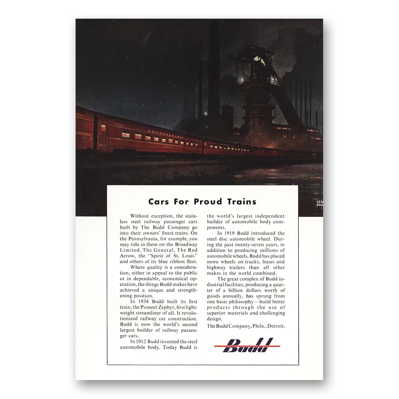 1949 Budd Cars for Proud Trains Without Exception Vintage Magazine Print Ad