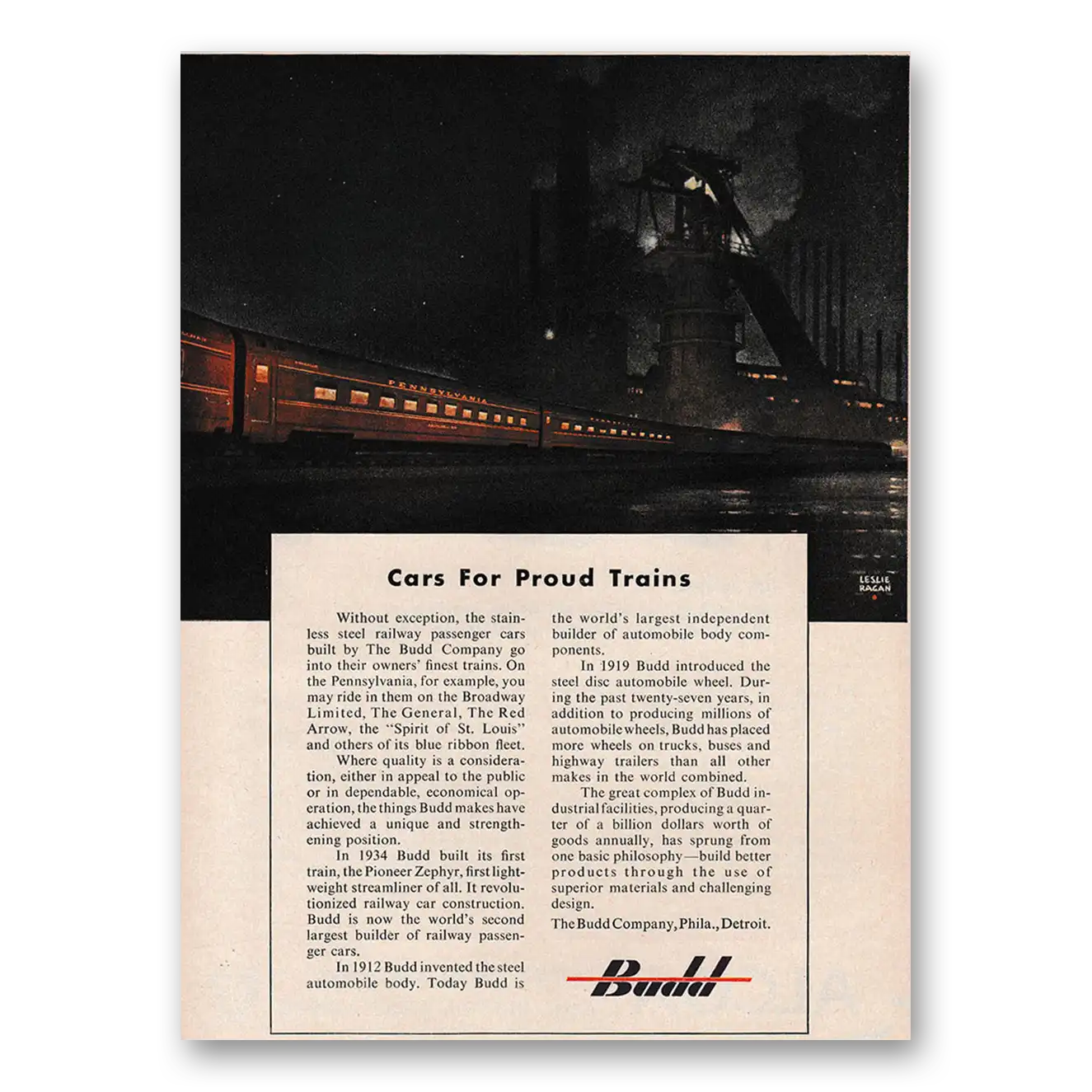 1949 Budd Cars for Proud Trains Vintage Magazine Print Ad