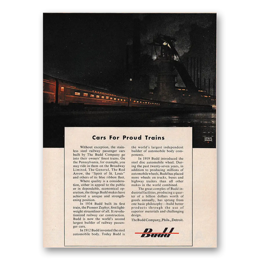 1949 Budd Cars for Proud Trains Vintage Magazine Print Ad