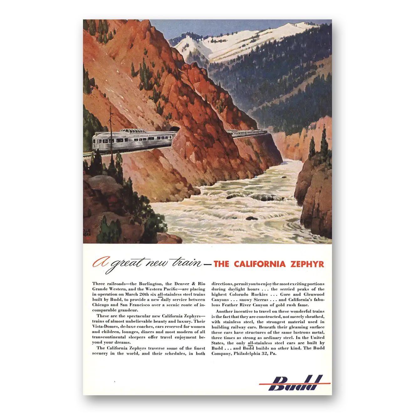 1949 Budd Great New Train the California Zephyr Vintage Magazine Print Ad