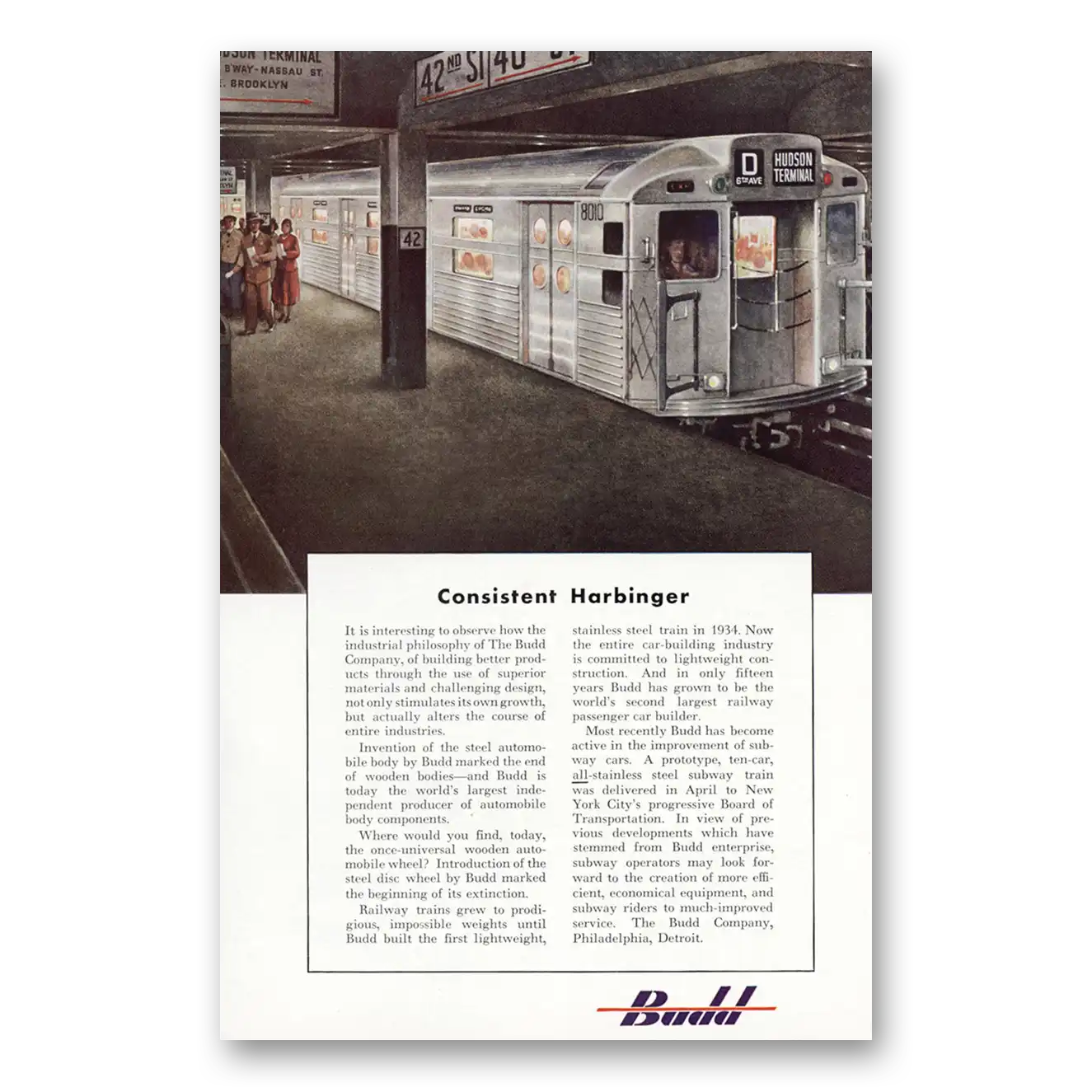 1949 Budd Consistent Harbinger Hudson Terminal Vintage Magazine Print Ad