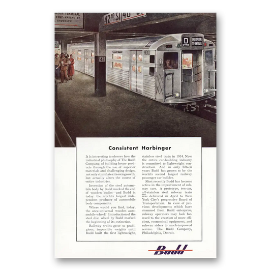 1949 Budd Consistent Harbinger Hudson Terminal Vintage Magazine Print Ad