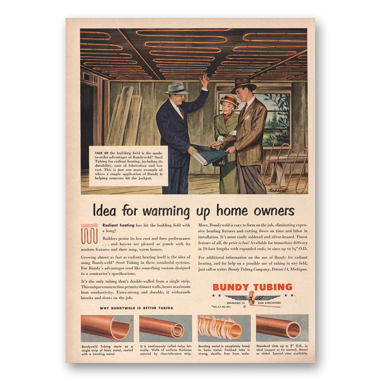 1949 Bundy Tubing Idea Warming Up Home Owners Vintage Magazine Print Ad