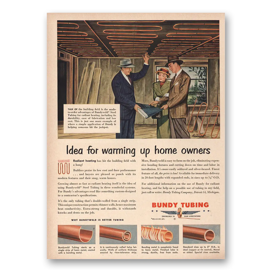 1949 Bundy Tubing Idea Warming Up Home Owners Vintage Magazine Print Ad