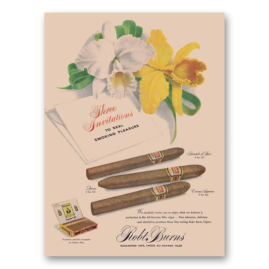 1949 Robt Burns Cigars Three Invitations to Real Smoking Pleasure Vintage Magazine Print Ad