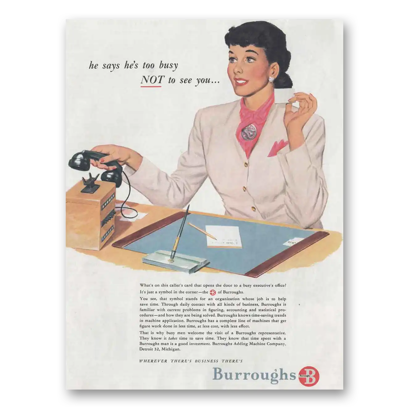 1949 Burroughs He Said He's Too Busy Vintage Magazine Print Ad