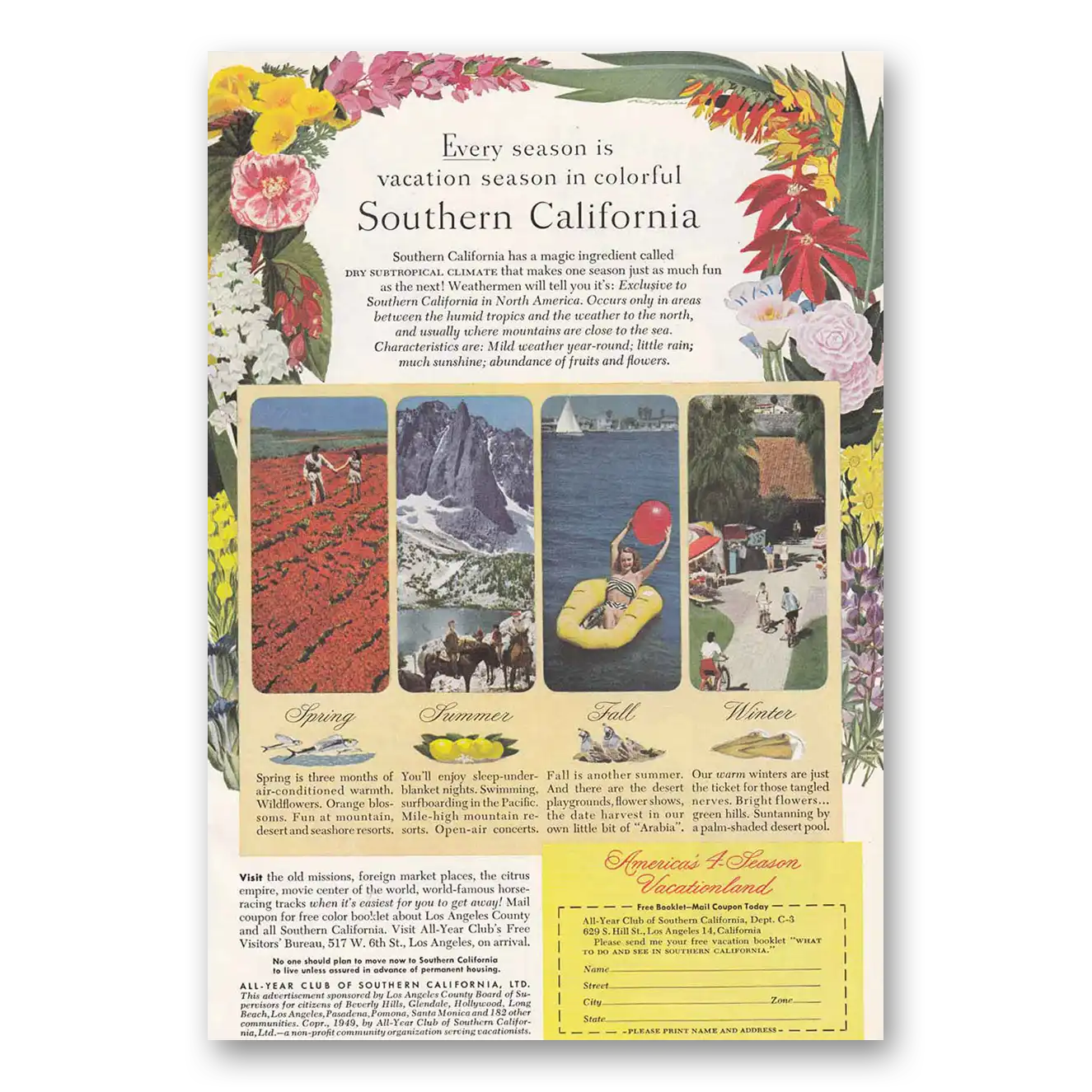 1949 Southern California Every Season is Vacation Season Vintage Magazine Print Ad