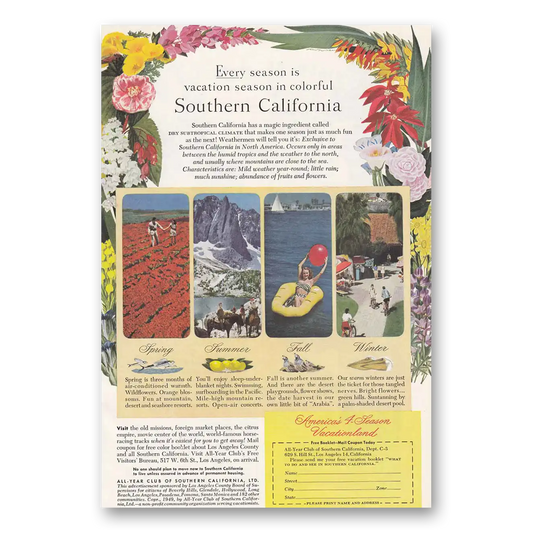 1949 Southern California Every Season is Vacation Season Vintage Magazine Print Ad