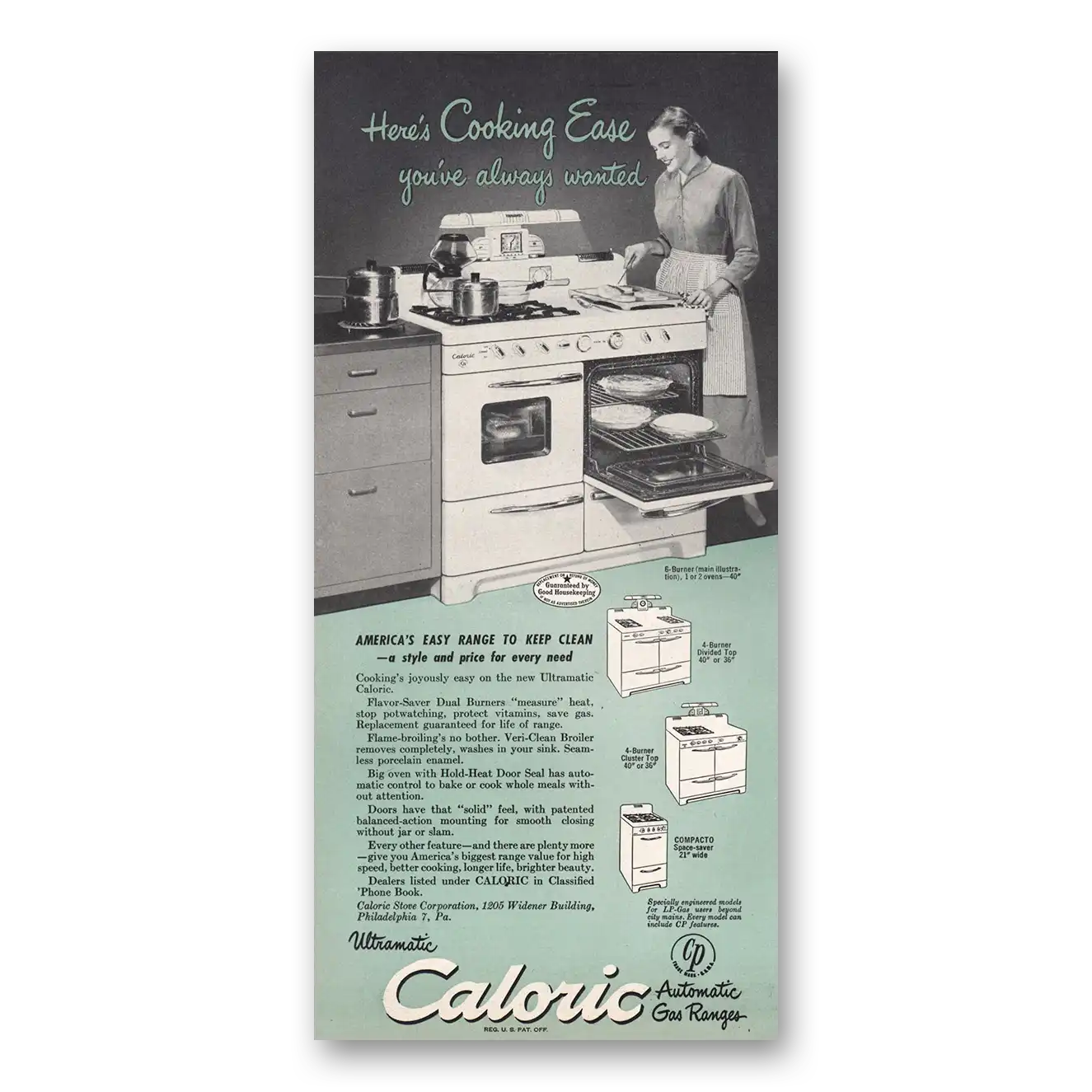 1949 Caloric Gas Ranges Cooking Ease Vintage Magazine Print Ad