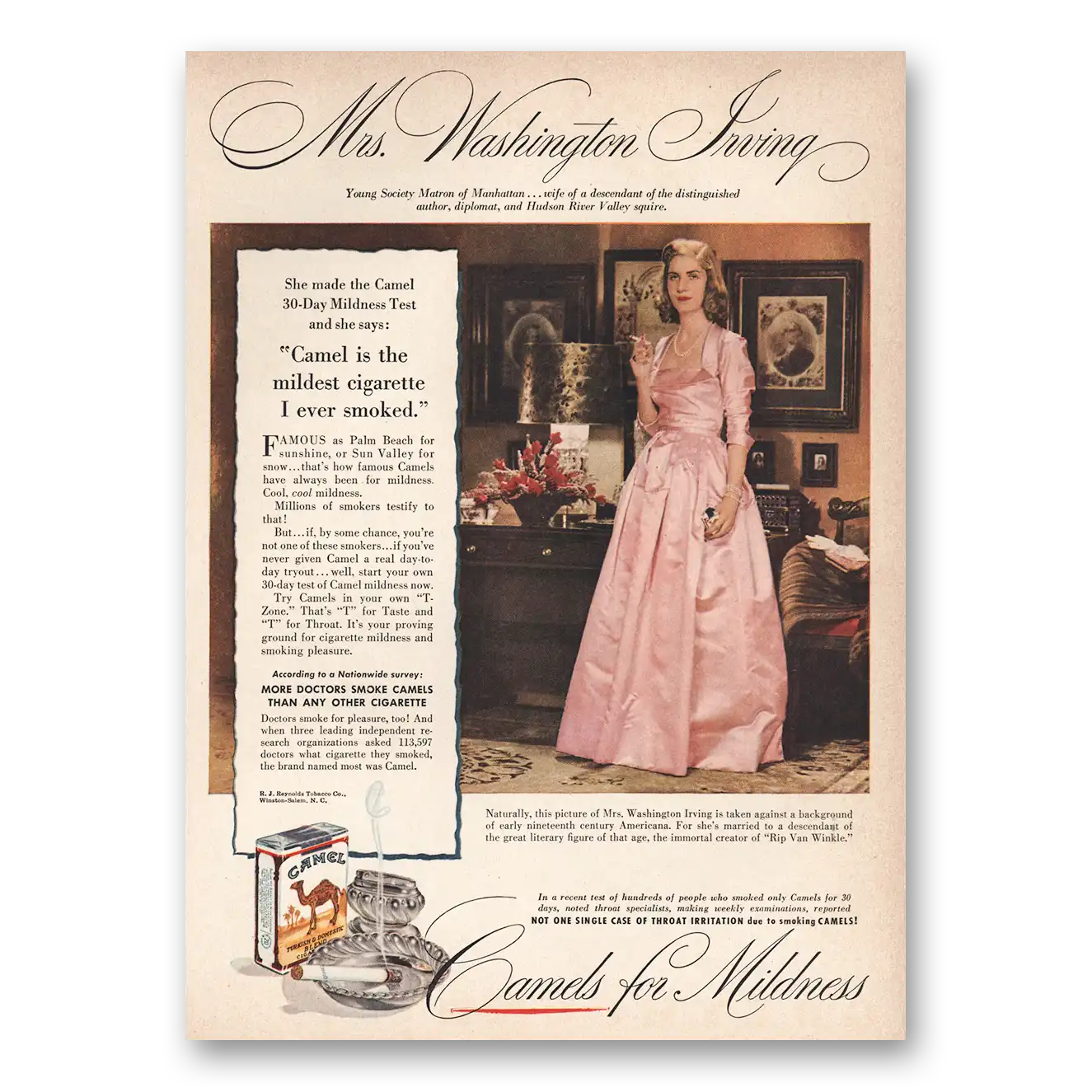 1949 Camel Cigarettes Mrs Washington Irving Vintage Magazine Print Ad